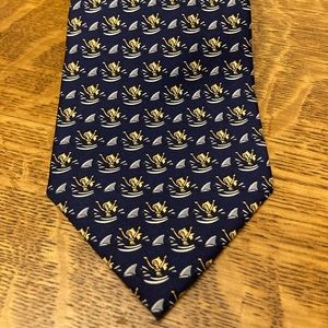 Lands’ End Navy Blue Silk Necktie Shark Swimmer JAWS